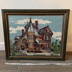 Vintage Handmade Finished Needlepoint House Framed Sewn by Ruth 24" x 20"